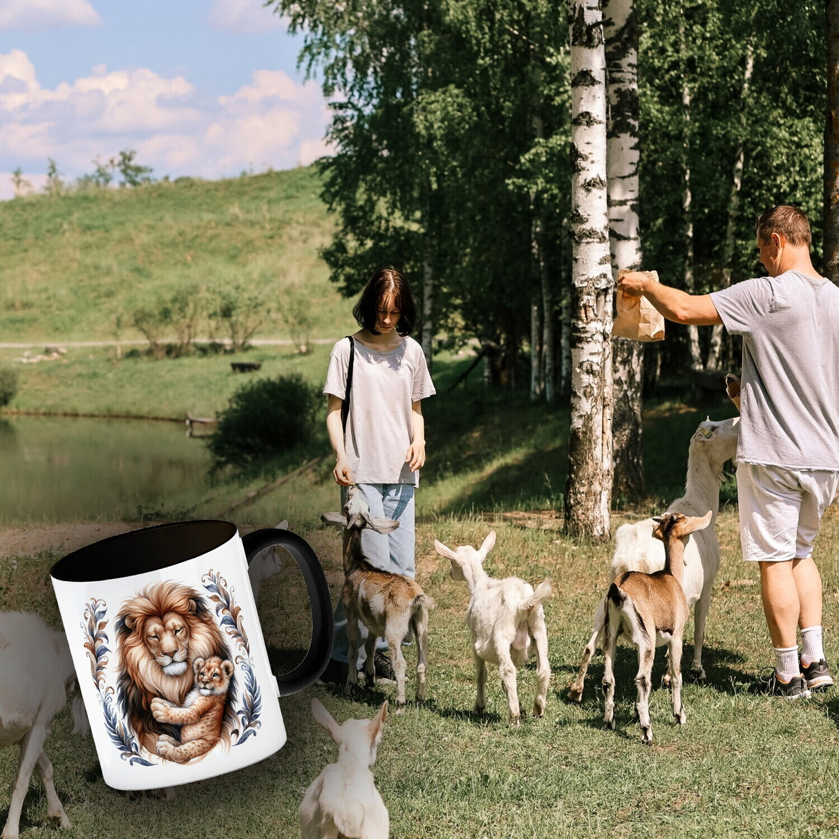 Löwenpapa mit Baby Kaffeebecher