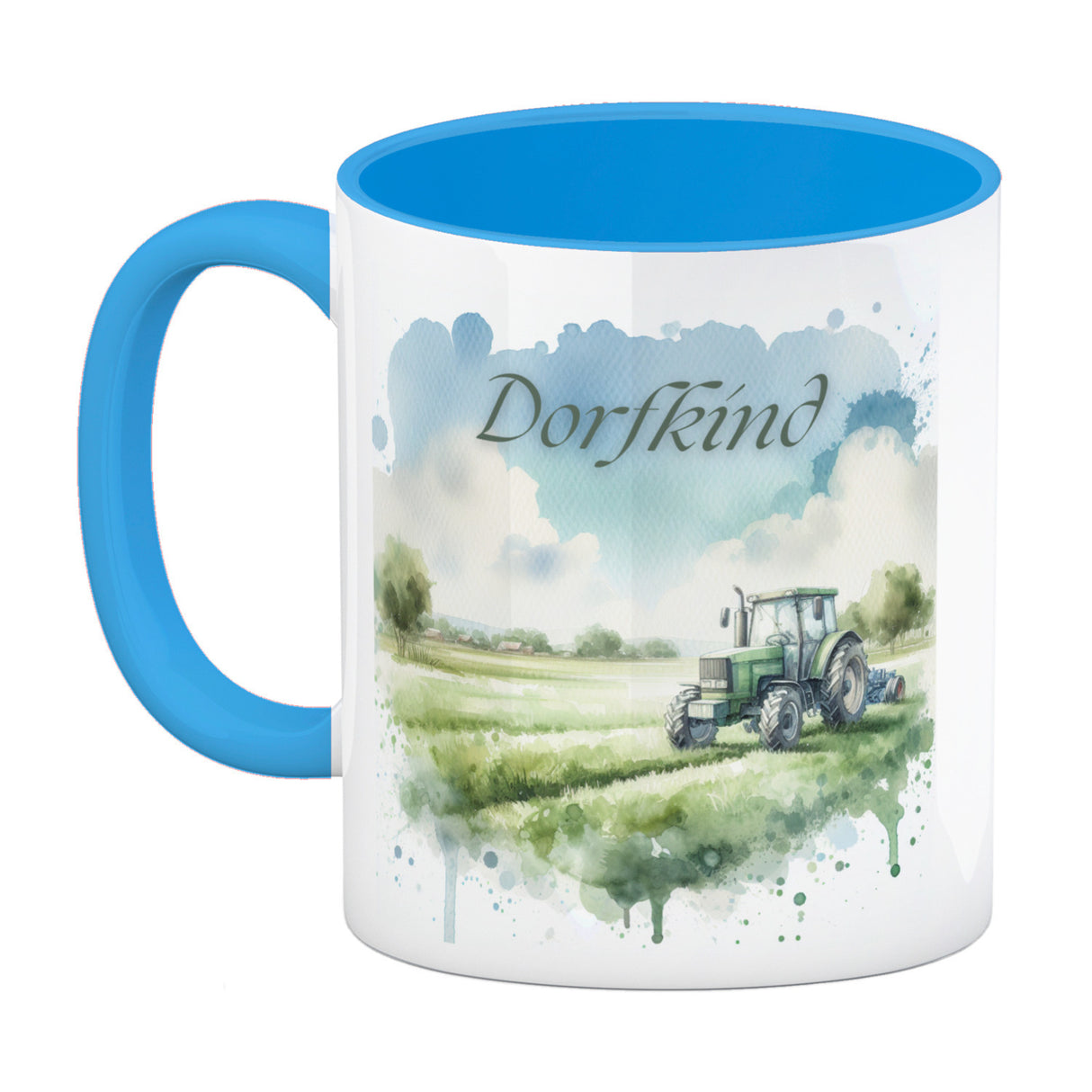 Grüner Traktor auf der Wiese Dorfkind Kaffeebecher