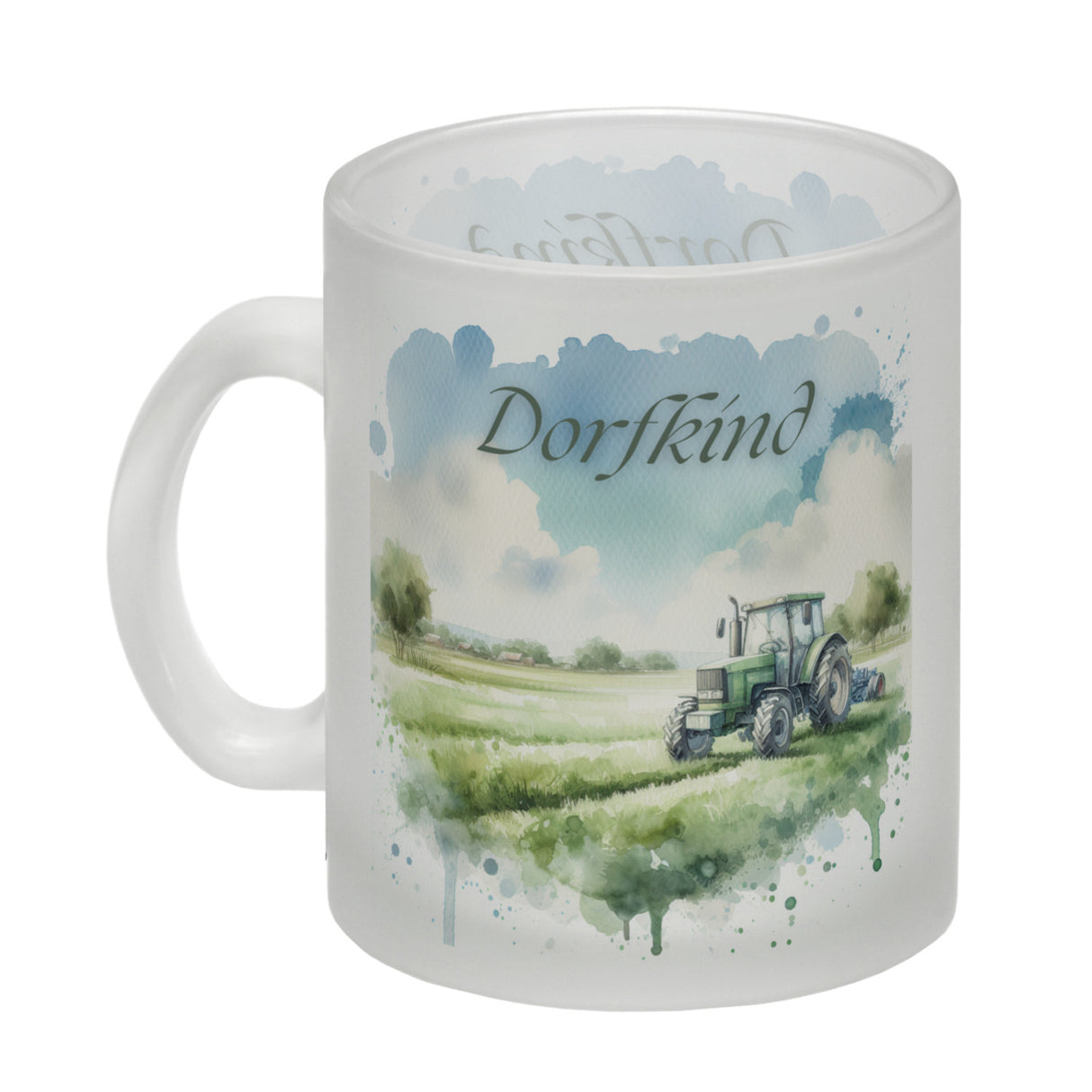 Grüner Traktor auf der Wiese Dorfkind Kaffeebecher