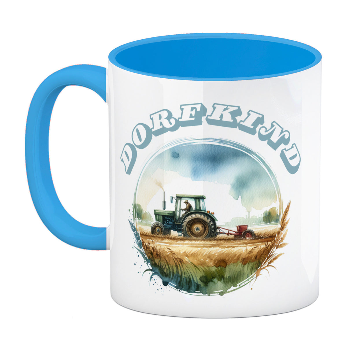 Traktor mit Pflug auf dem Feld Dorfkind Kaffeebecher