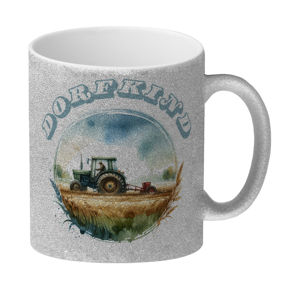 Traktor mit Pflug auf dem Feld Dorfkind Kaffeebecher