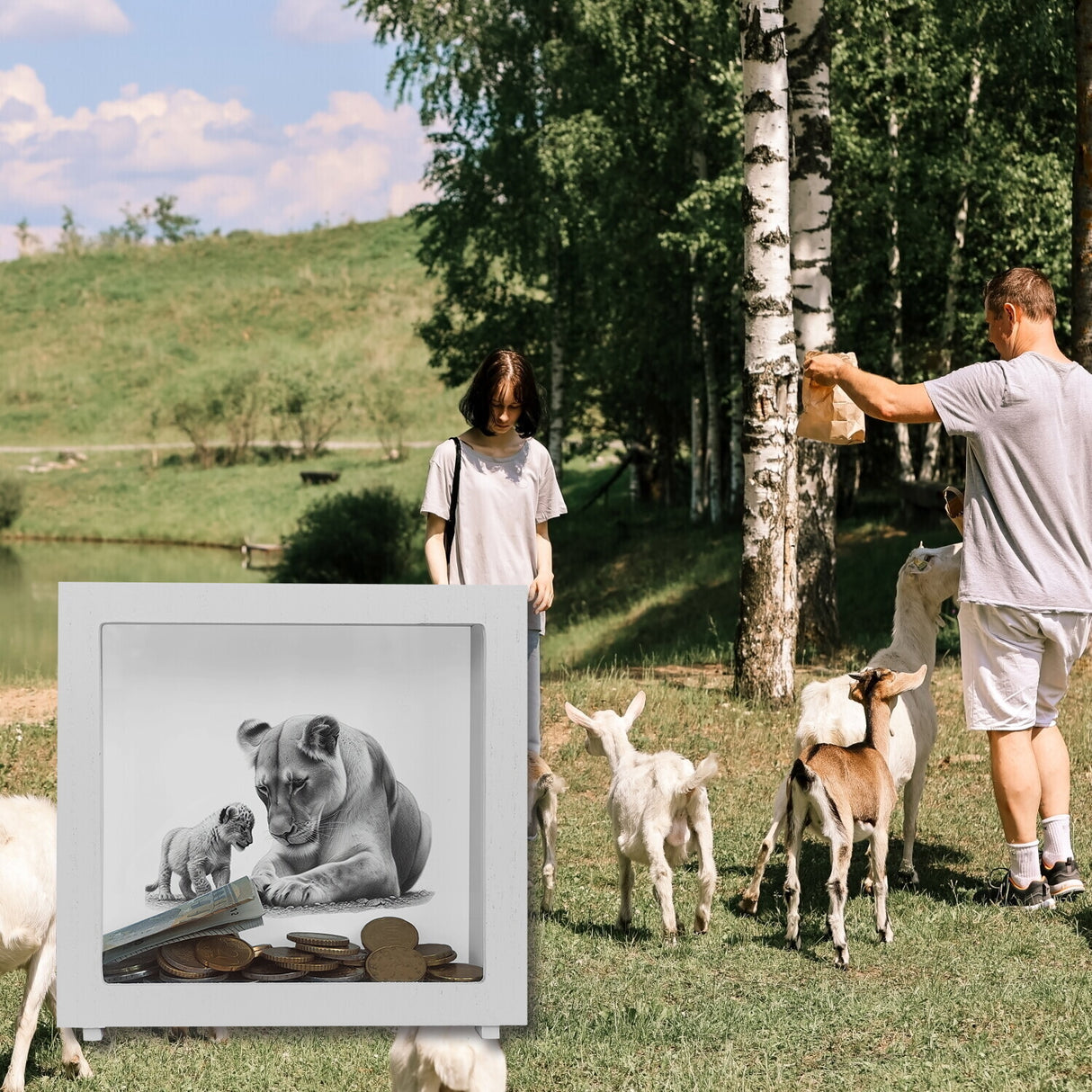 Liegende Löwin mit Babylöwe Spardose