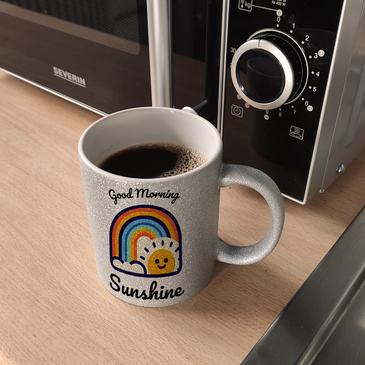 Regenbogen und Sonne Kaffeebecher mit Spruch Good Morning Sunshine