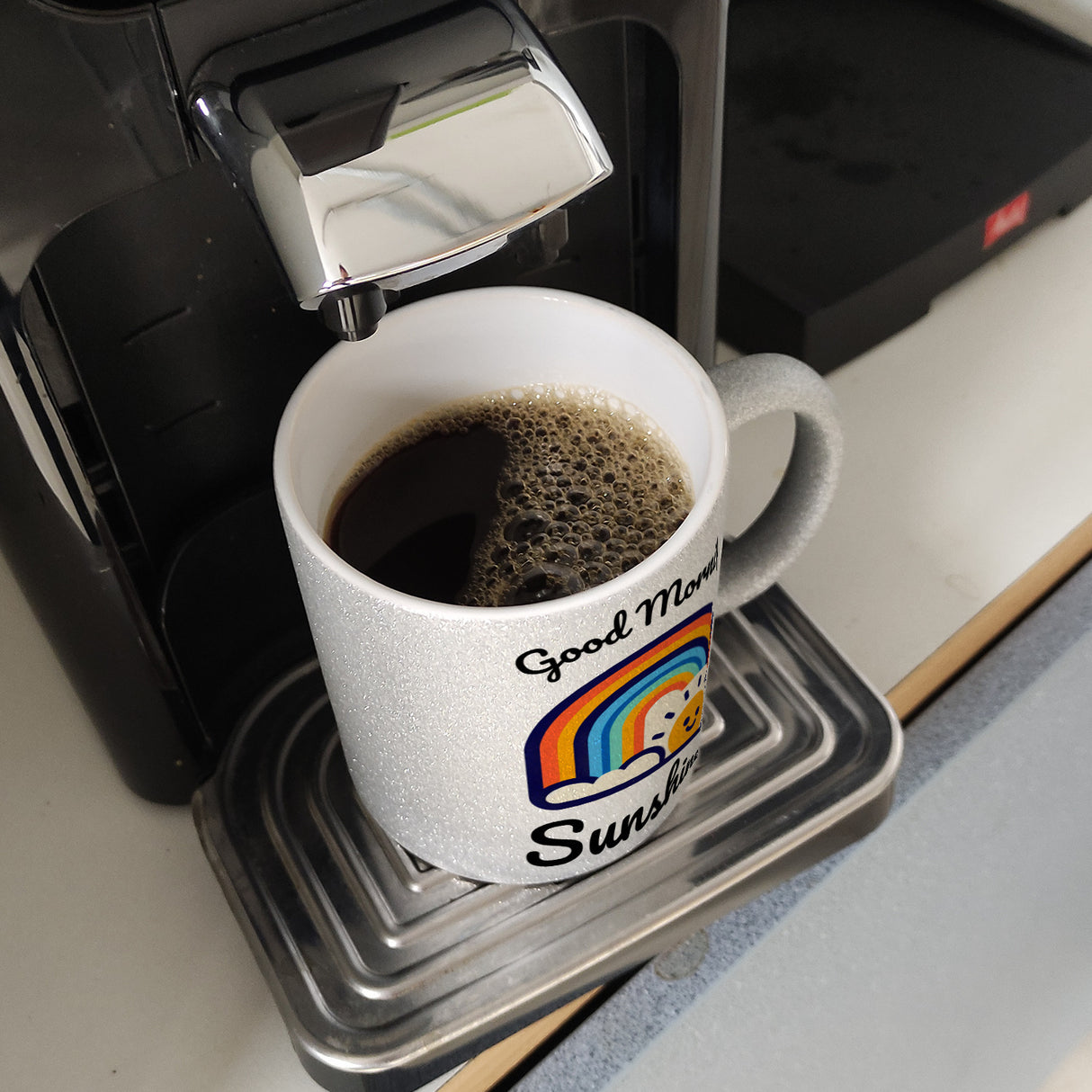 Regenbogen und Sonne Kaffeebecher mit Spruch Good Morning Sunshine