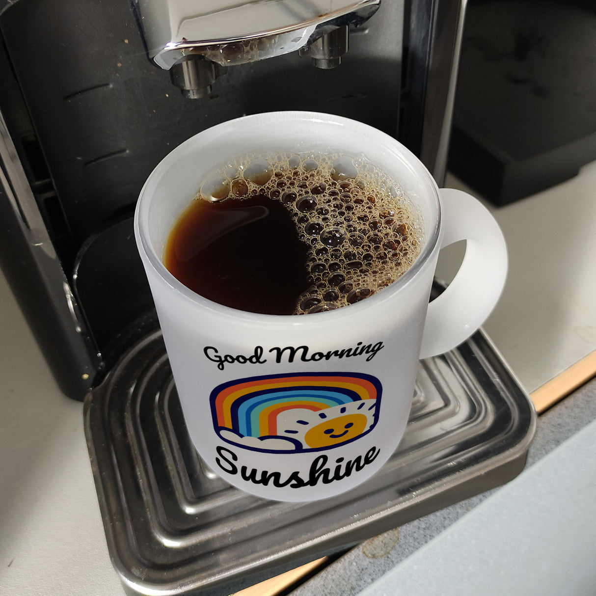 Regenbogen und Sonne Kaffeebecher mit Spruch Good Morning Sunshine
