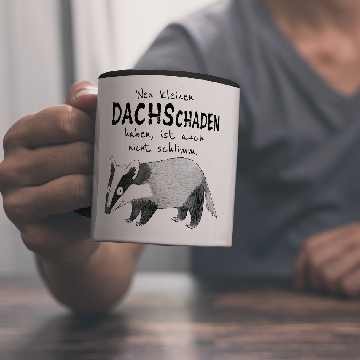Dachs Kaffeebecher mit Spruch Kleiner Dachschaden nicht schlimm
