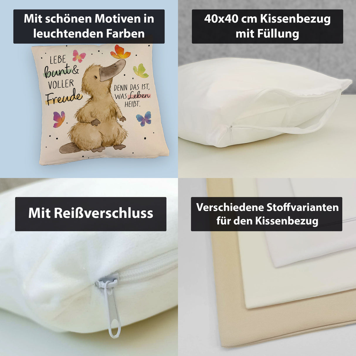 Schnabeltier Kissen mit Spruch Lebe bunt und freudig