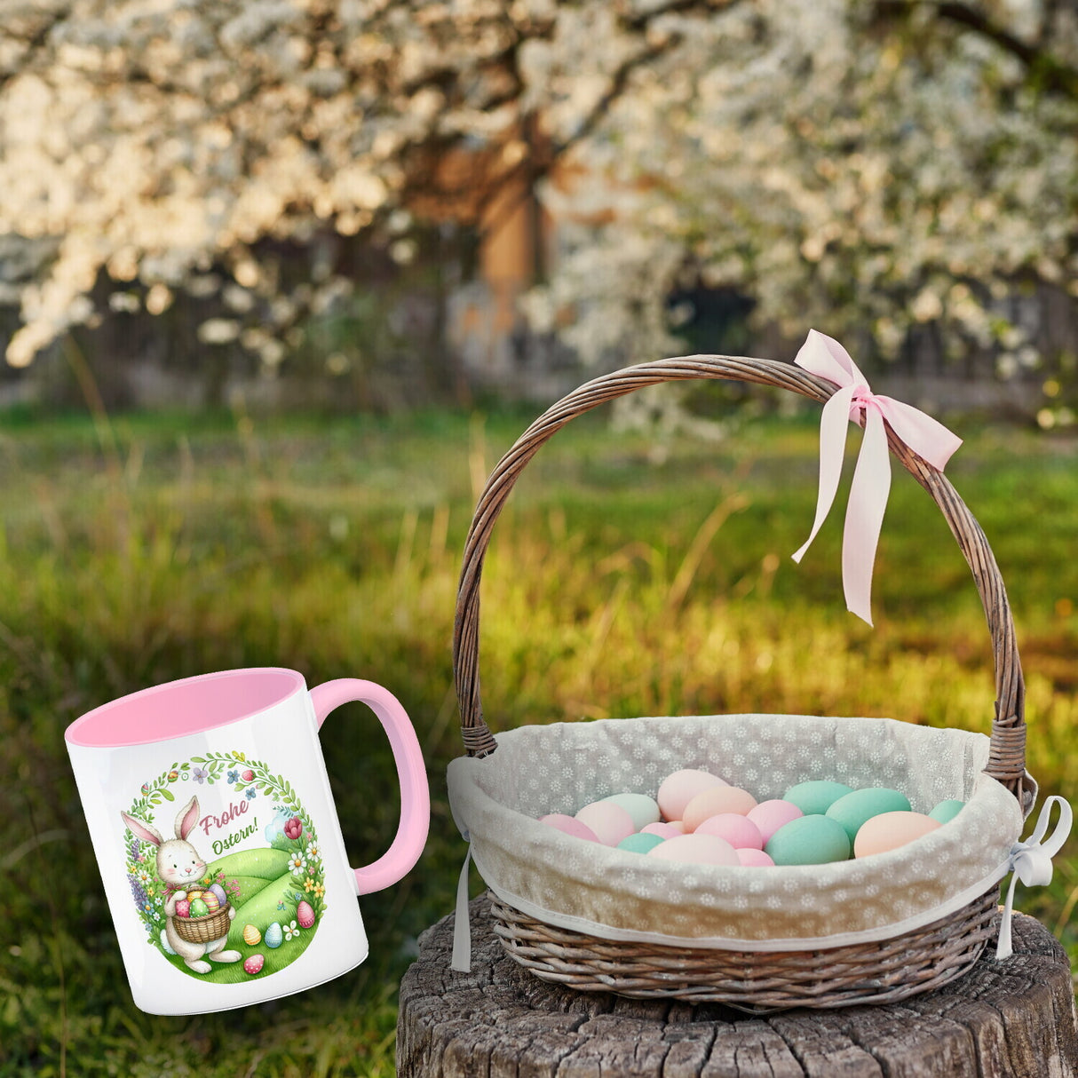 Osterhase Kaffeebecher mit Spruch Frohe Ostern