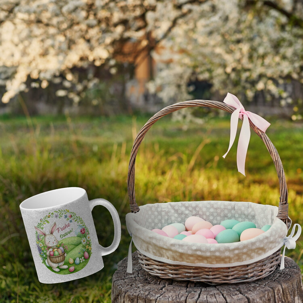 Osterhase Kaffeebecher mit Spruch Frohe Ostern