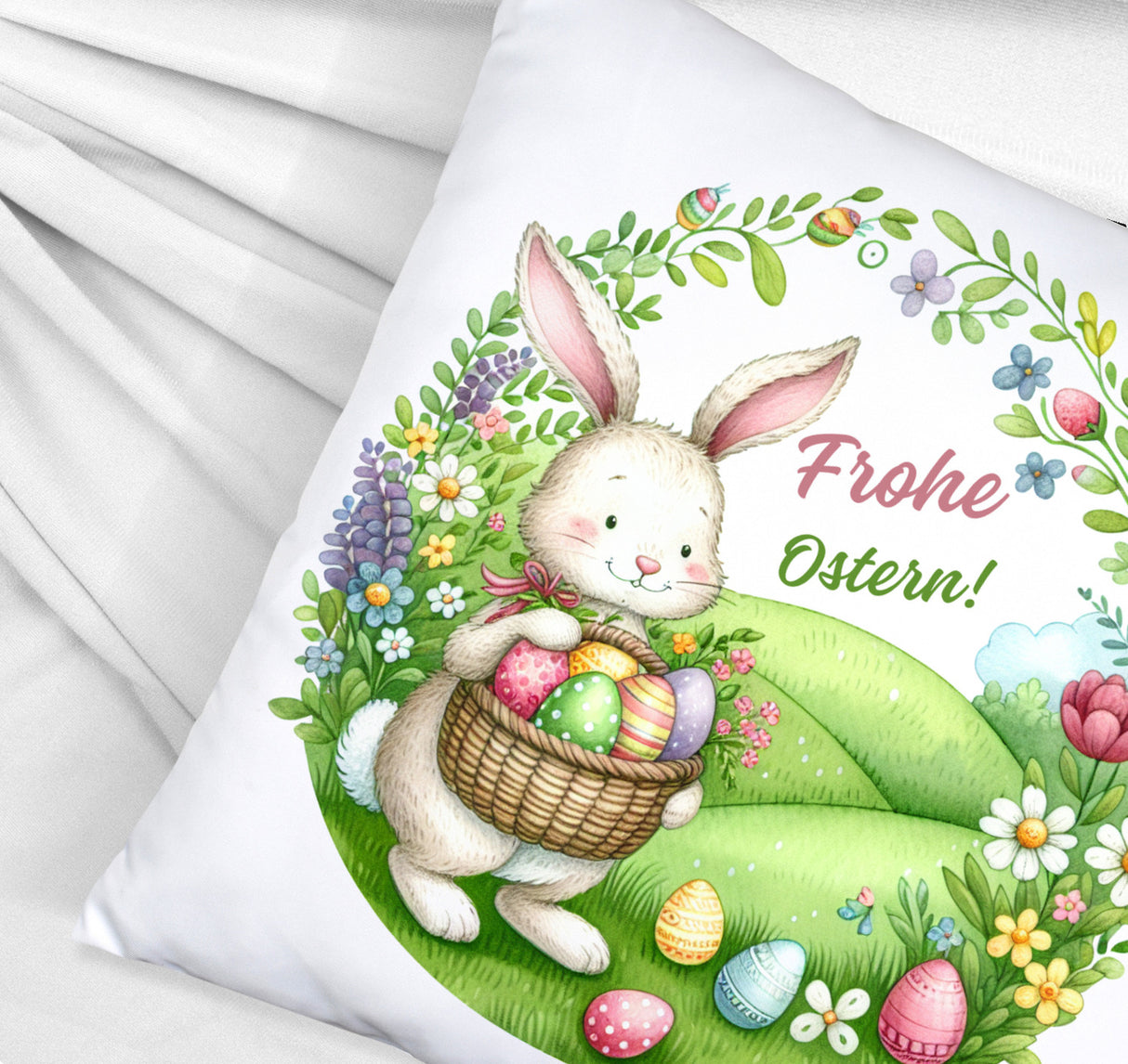 Osterhase Kissen mit Spruch Frohe Ostern