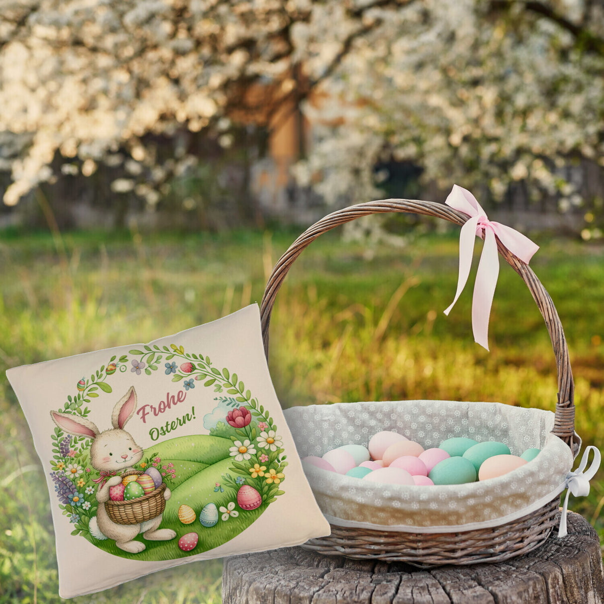 Osterhase Kissen mit Spruch Frohe Ostern