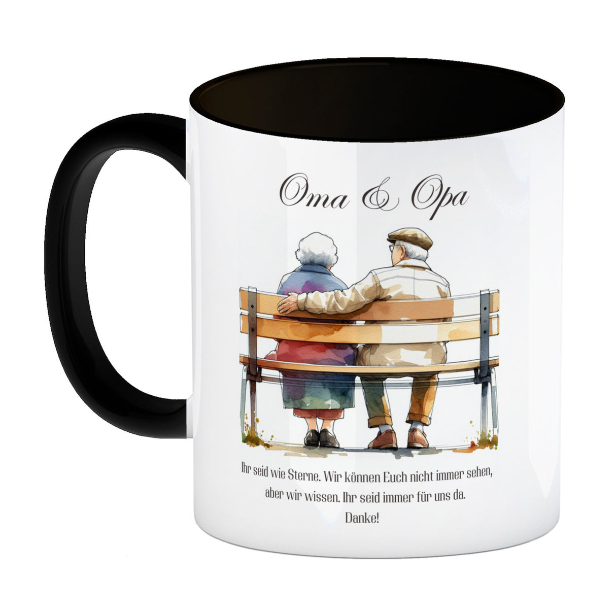 Oma und Opa auf Bank Kaffeebecher