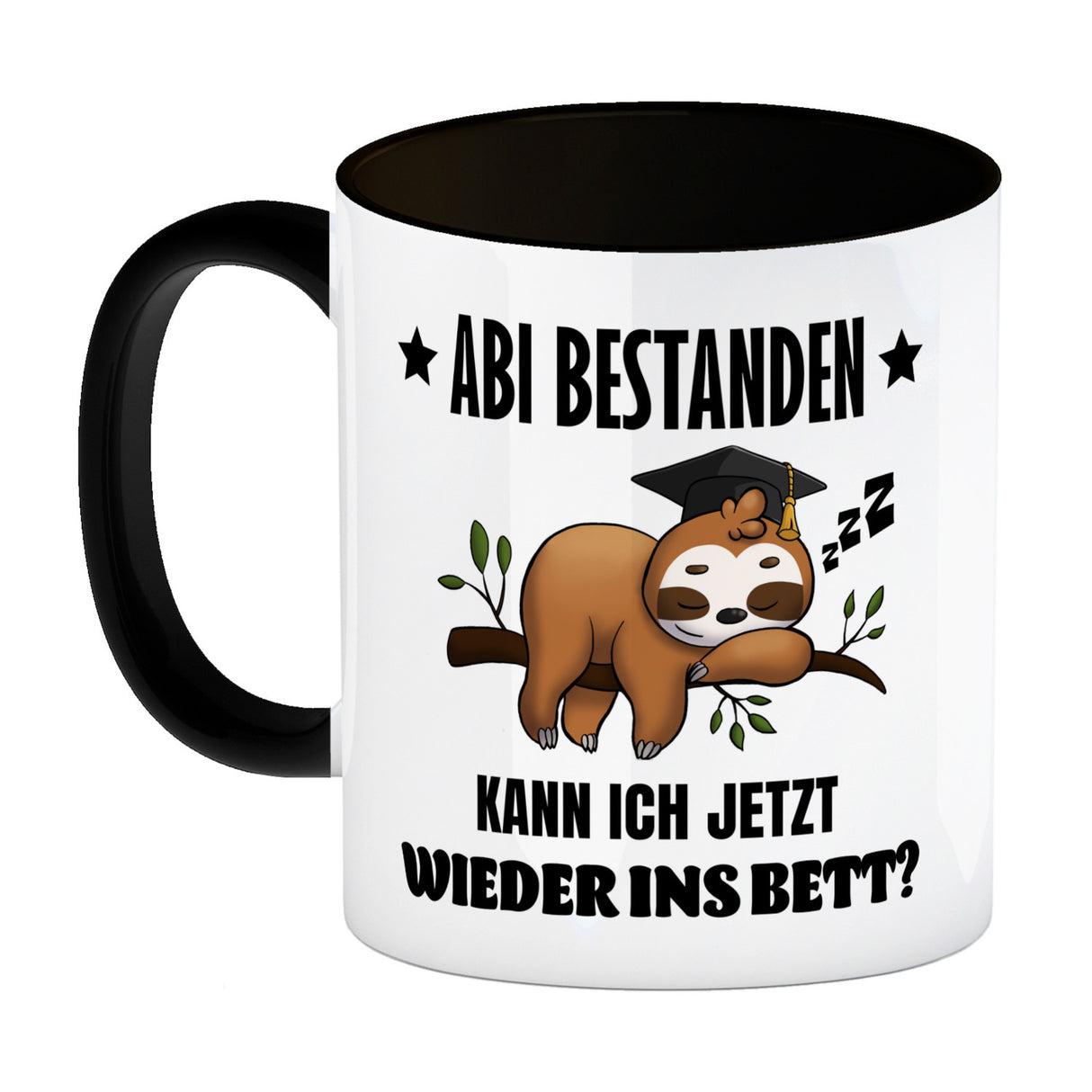 Faultier Abitur Kaffeebecher mit Spruch Abi geschafft zurück ins Bett