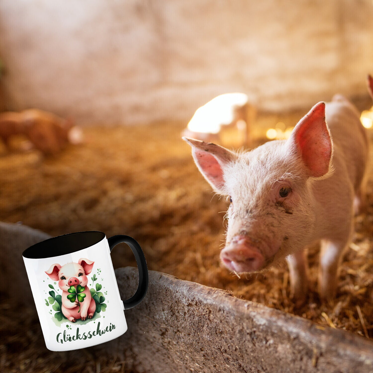 Glücksschwein mit Kleeblatt Kaffeebecher