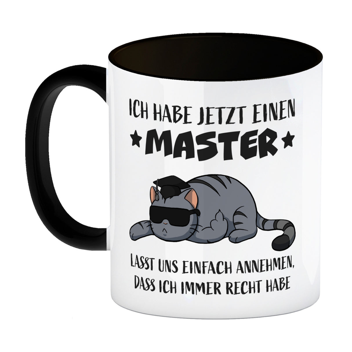 Schlaumeier-Katze Kaffeebecher mit Spruch Habe Master und immer recht