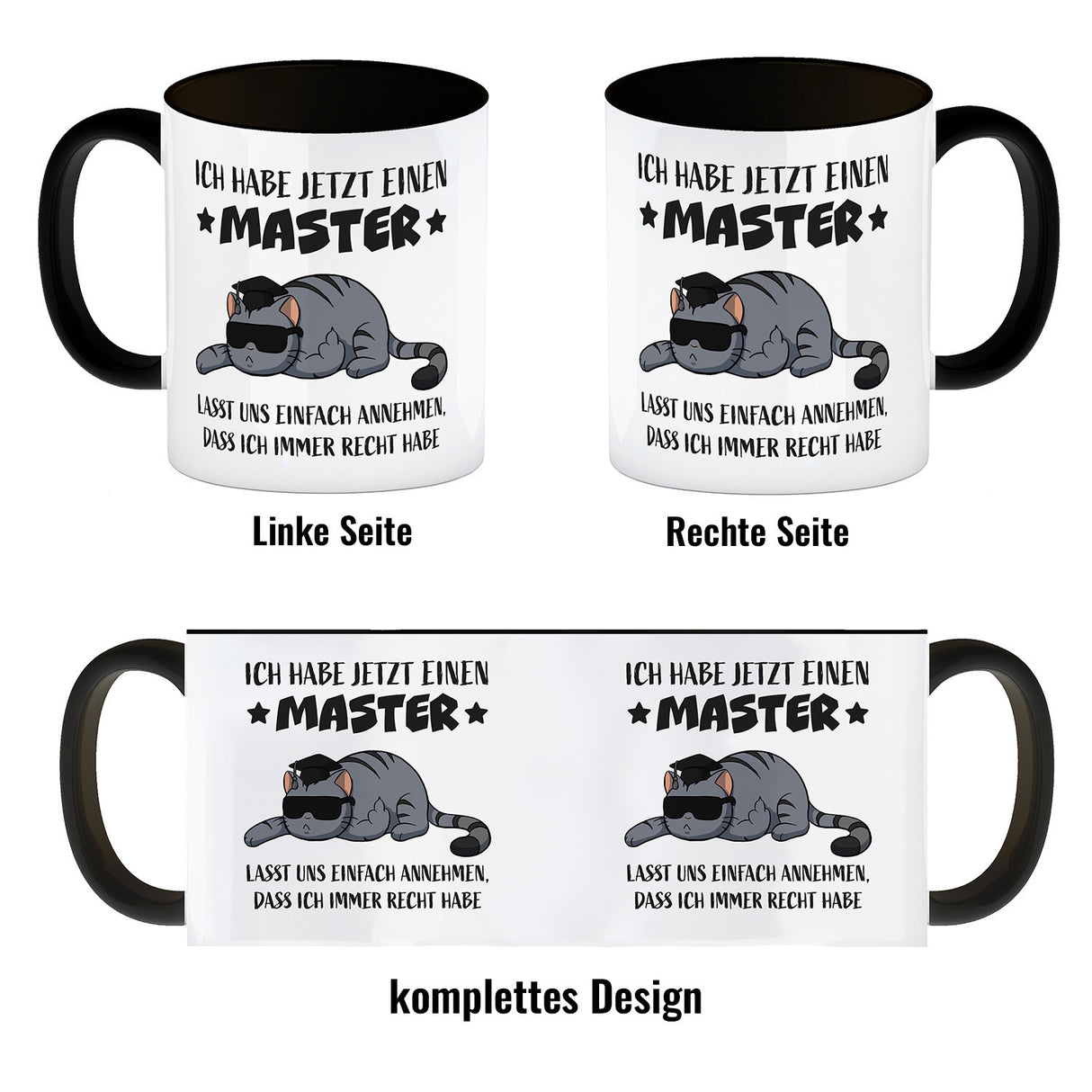 Schlaumeier-Katze Kaffeebecher mit Spruch Habe Master und immer recht