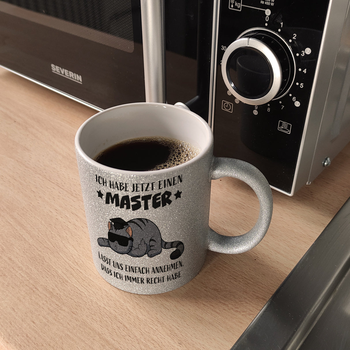 Schlaumeier-Katze Kaffeebecher mit Spruch Habe Master und immer recht