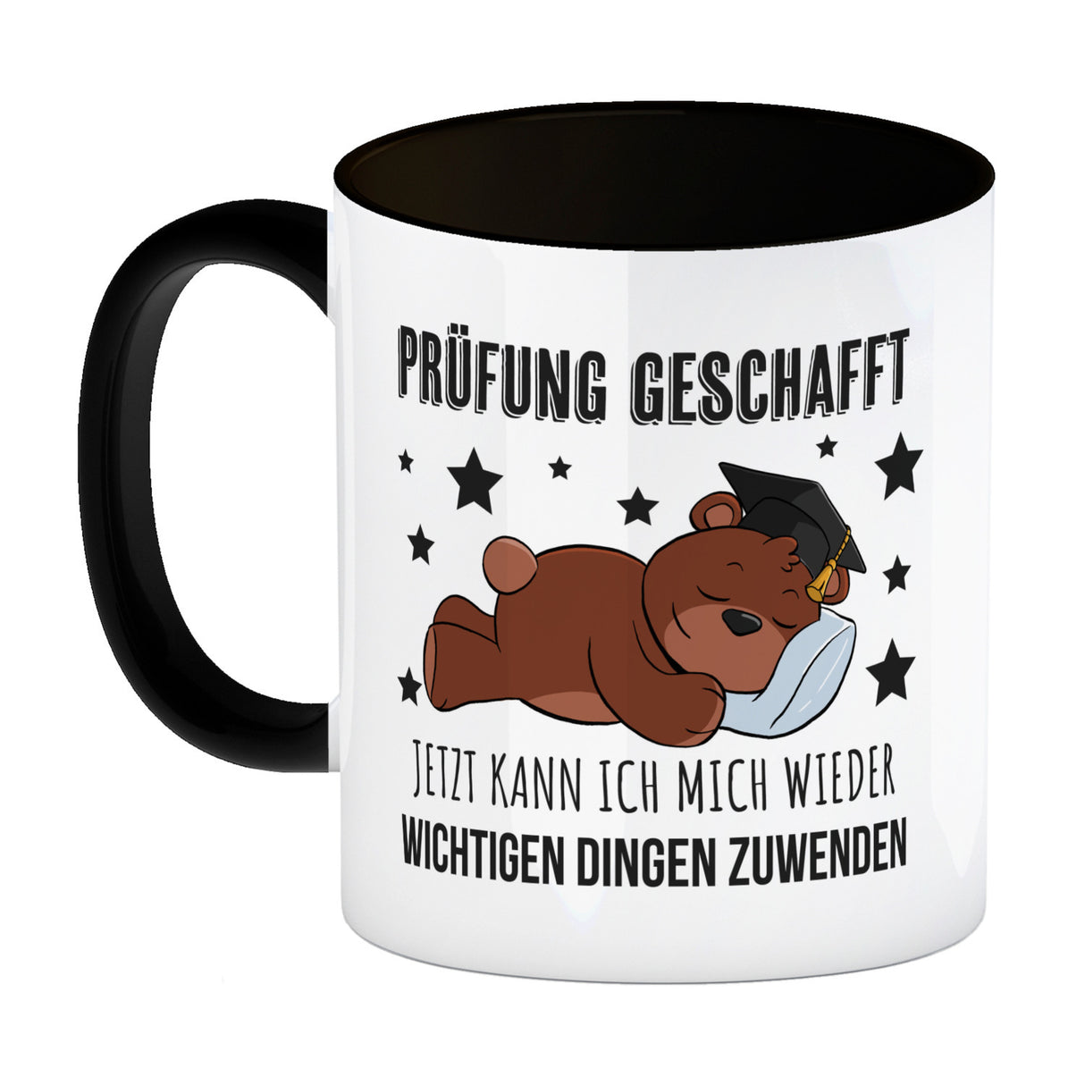 Schlafender Bär mit Doktorhut Kaffeebecher mit Spruch Prüfung bestanden
