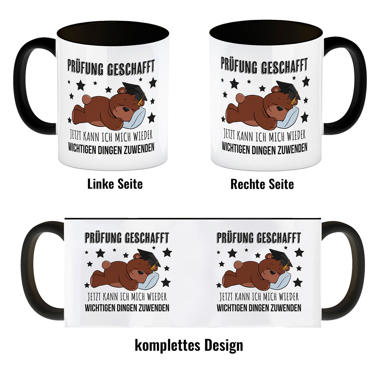 Schlafender Bär mit Doktorhut Kaffeebecher mit Spruch Prüfung bestanden