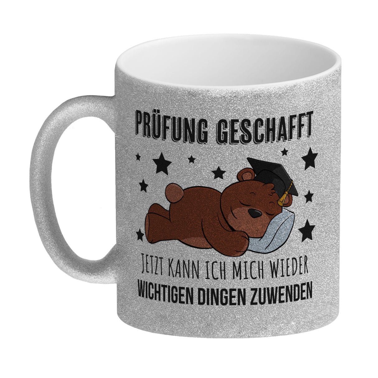 Schlafender Bär mit Doktorhut Kaffeebecher mit Spruch Prüfung bestanden