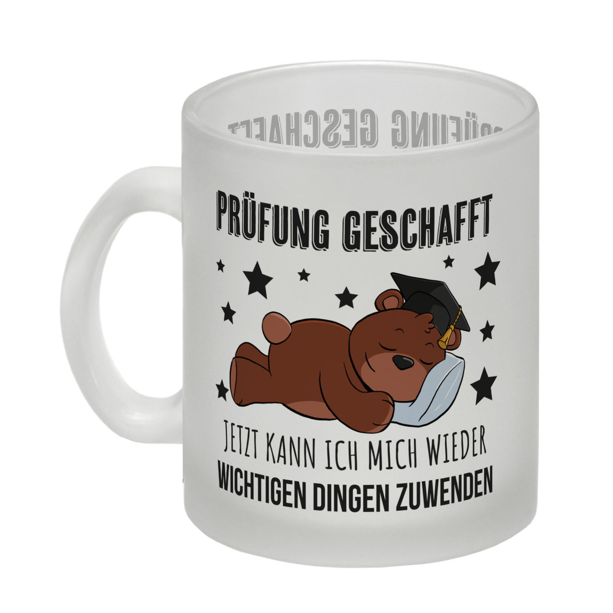 Schlafender Bär mit Doktorhut Kaffeebecher mit Spruch Prüfung bestanden