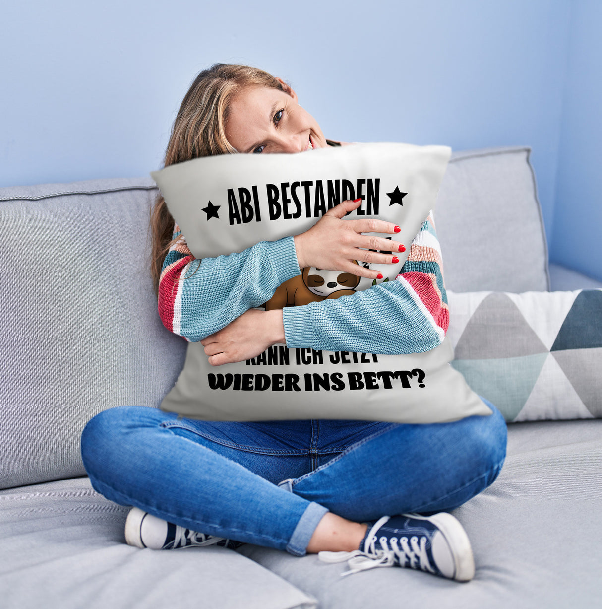 Abi bestanden Faultier Kissen mit Spruch zurück ins Bett