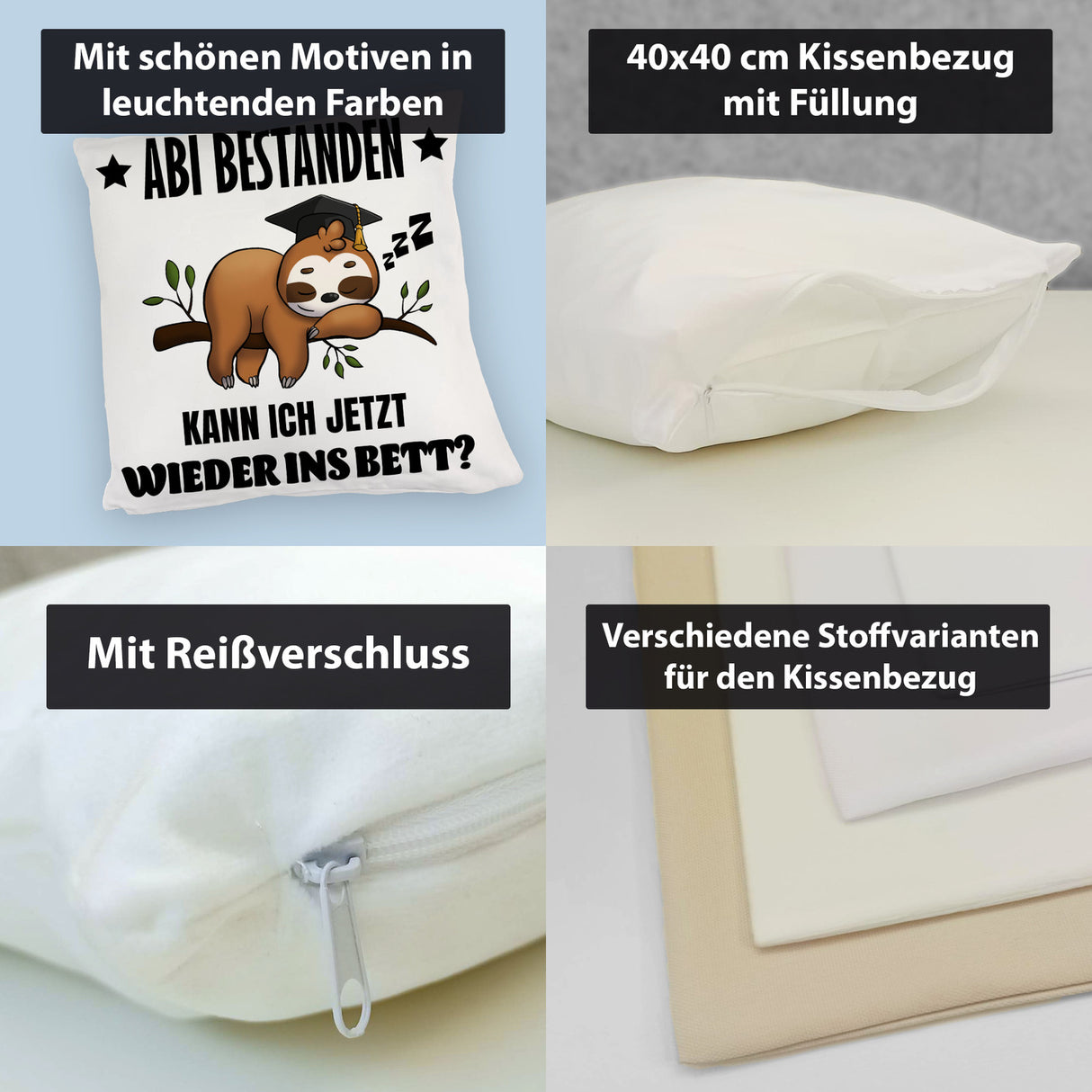 Abi bestanden Faultier Kissen mit Spruch zurück ins Bett