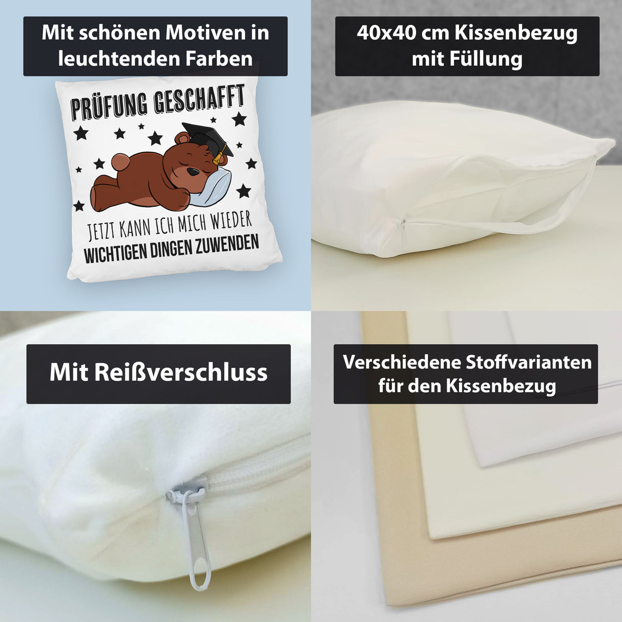 Schlafender Bär mit Doktorhut Kissen mit Spruch Prüfung bestanden