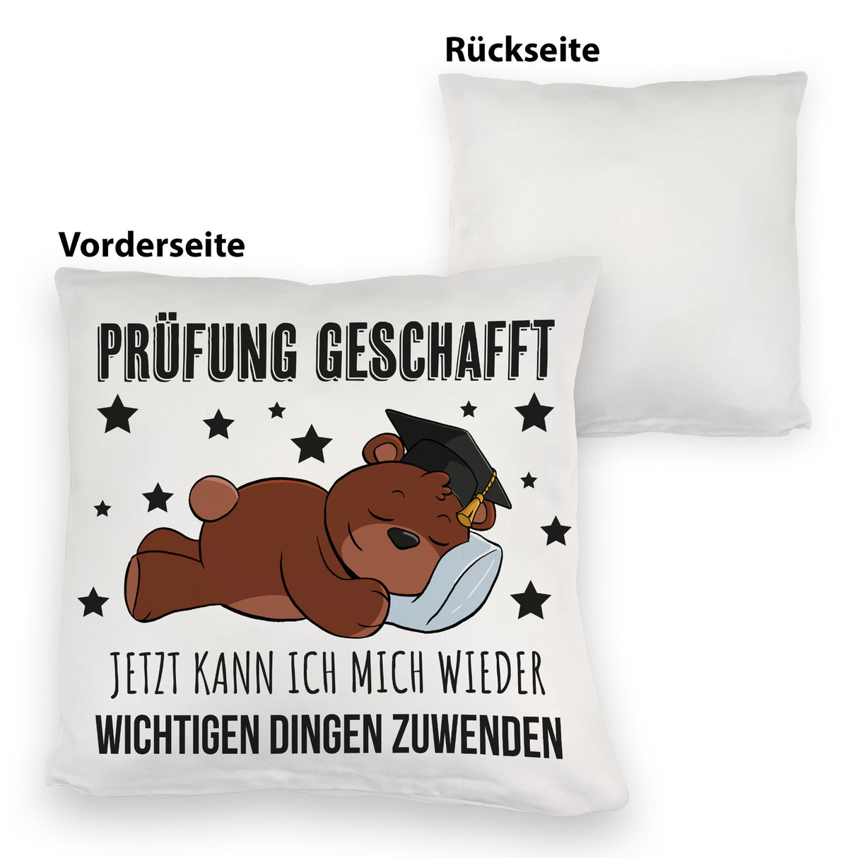 Schlafender Bär mit Doktorhut Kissen mit Spruch Prüfung bestanden