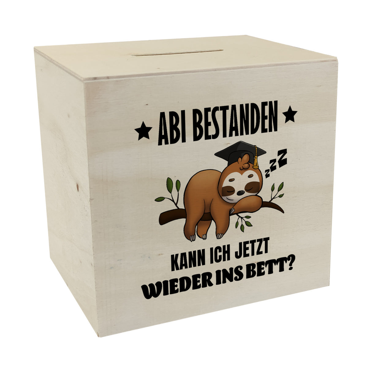Abi bestanden Faultier Spardose mit Spruch zurück ins Bett