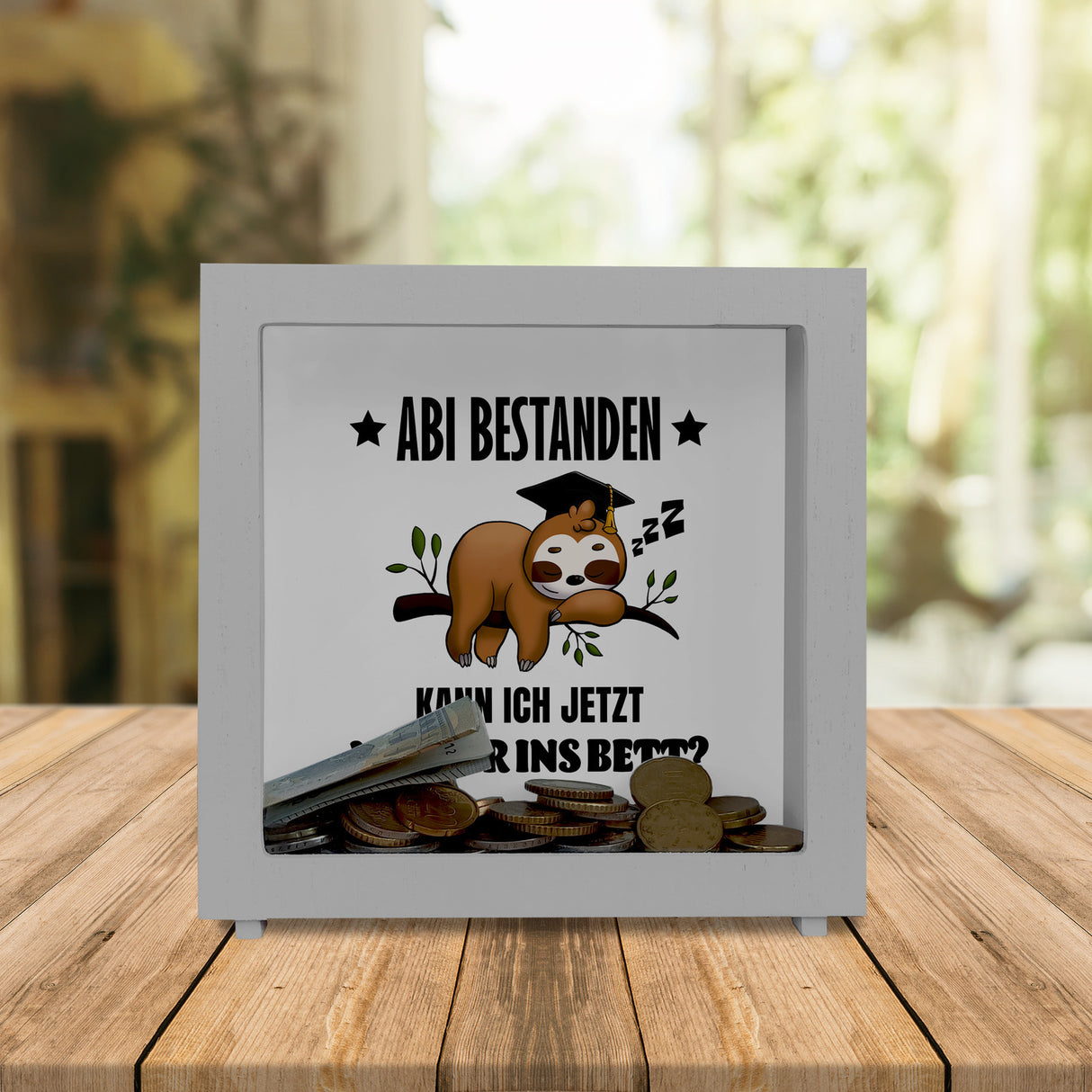 Abi bestanden Faultier Spardose mit Spruch zurück ins Bett