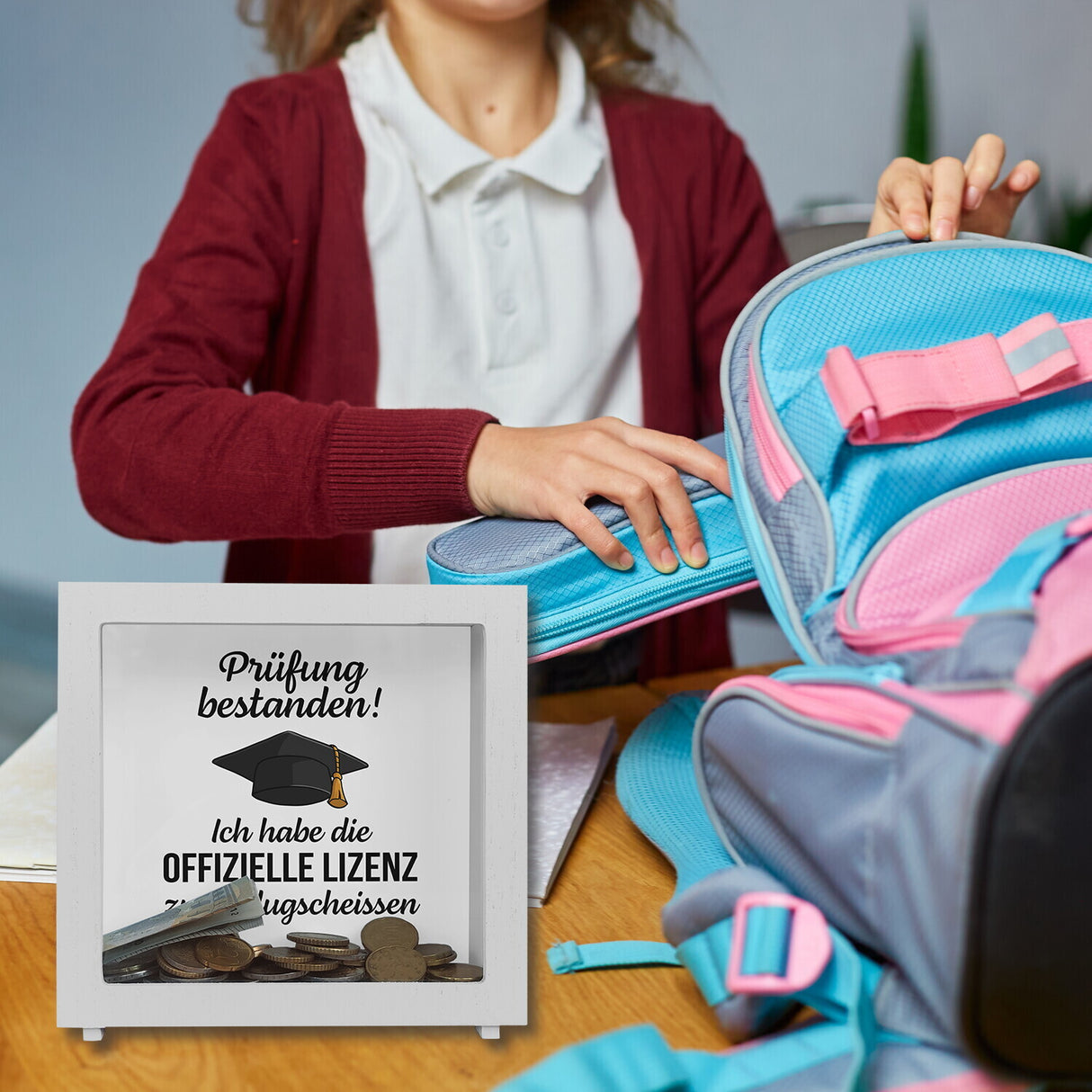 Prüfung bestanden Doktorhut Spardose mit Spruch Lizenz zum Klugscheißen