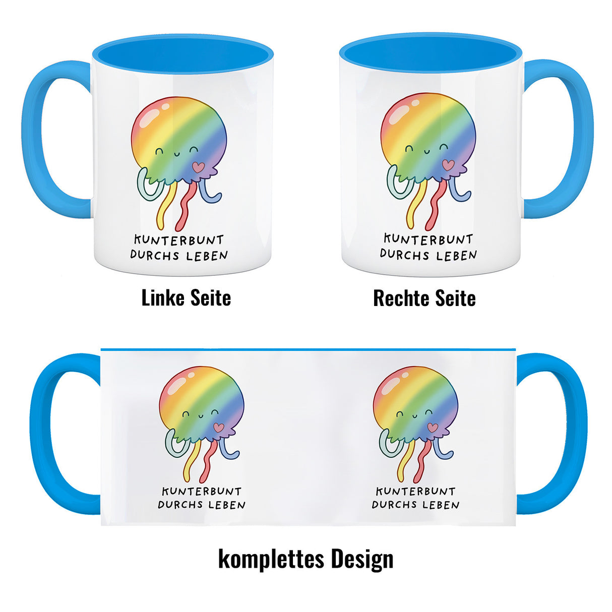 Jelly & Friends Regenbogen-Qualle Kaffeebecher mit Spruch Kunterbunt durchs Leben