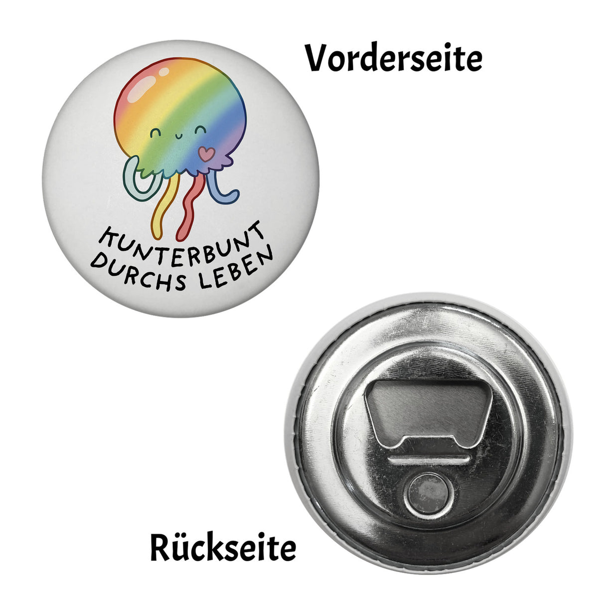 Jelly & Friends Regenbogen-Qualle Magnet rund mit Spruch Kunterbunt durchs Leben