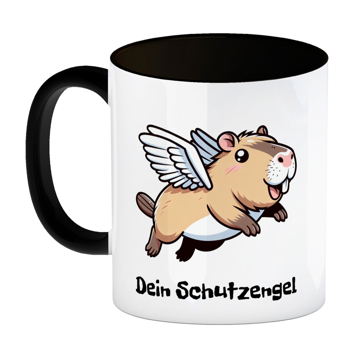 Comic Capybara mit Flügeln Kaffeebecher mit Spruch Dein Schutzengel