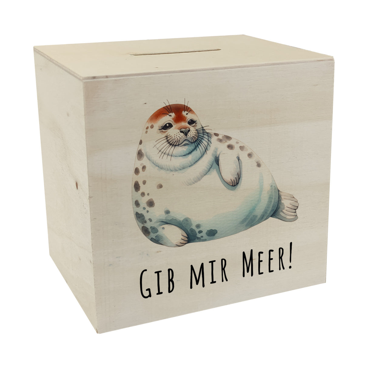Dicke Robbe Spardose mit Spruch Gib mir Meer