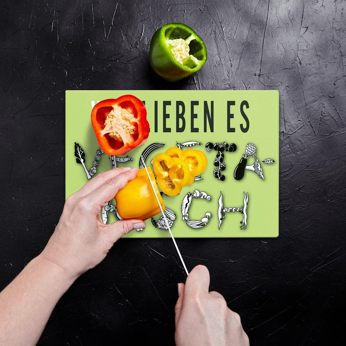 Vegetarier Schneidebrett aus Glas Glas mit Spruch Wir lieben es vegetarisch