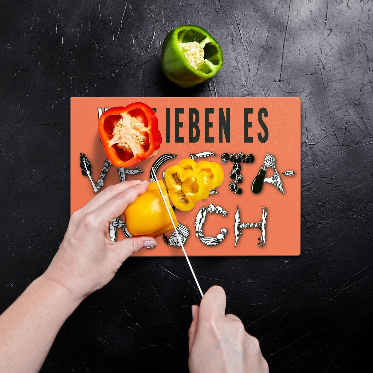Vegetarier Schneidebrett aus Glas Glas mit Spruch Wir lieben es vegetarisch