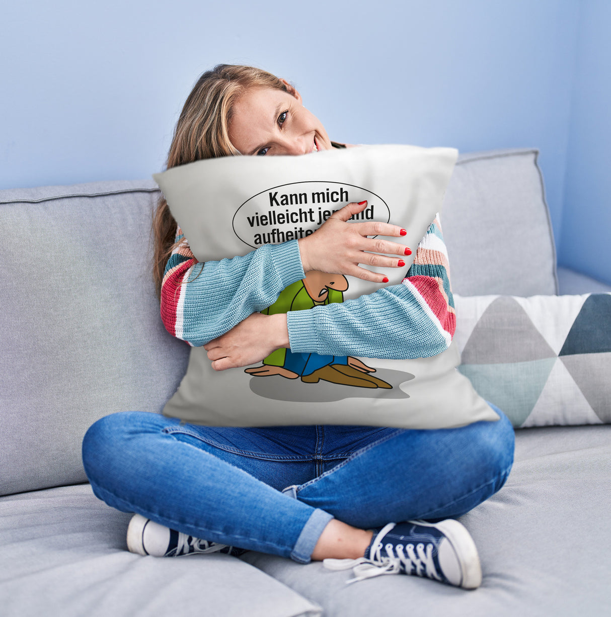 Frust Kissen mit Spruch Suche jemanden der mich aufheitert