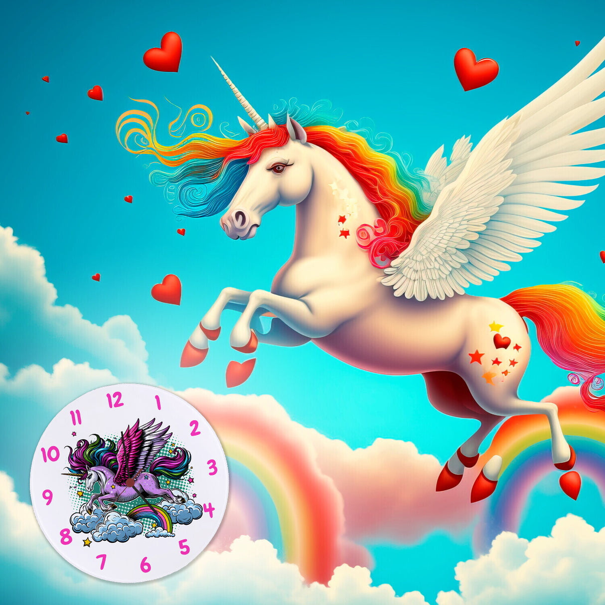 Einhorn mit bunter Mähne Wanduhr