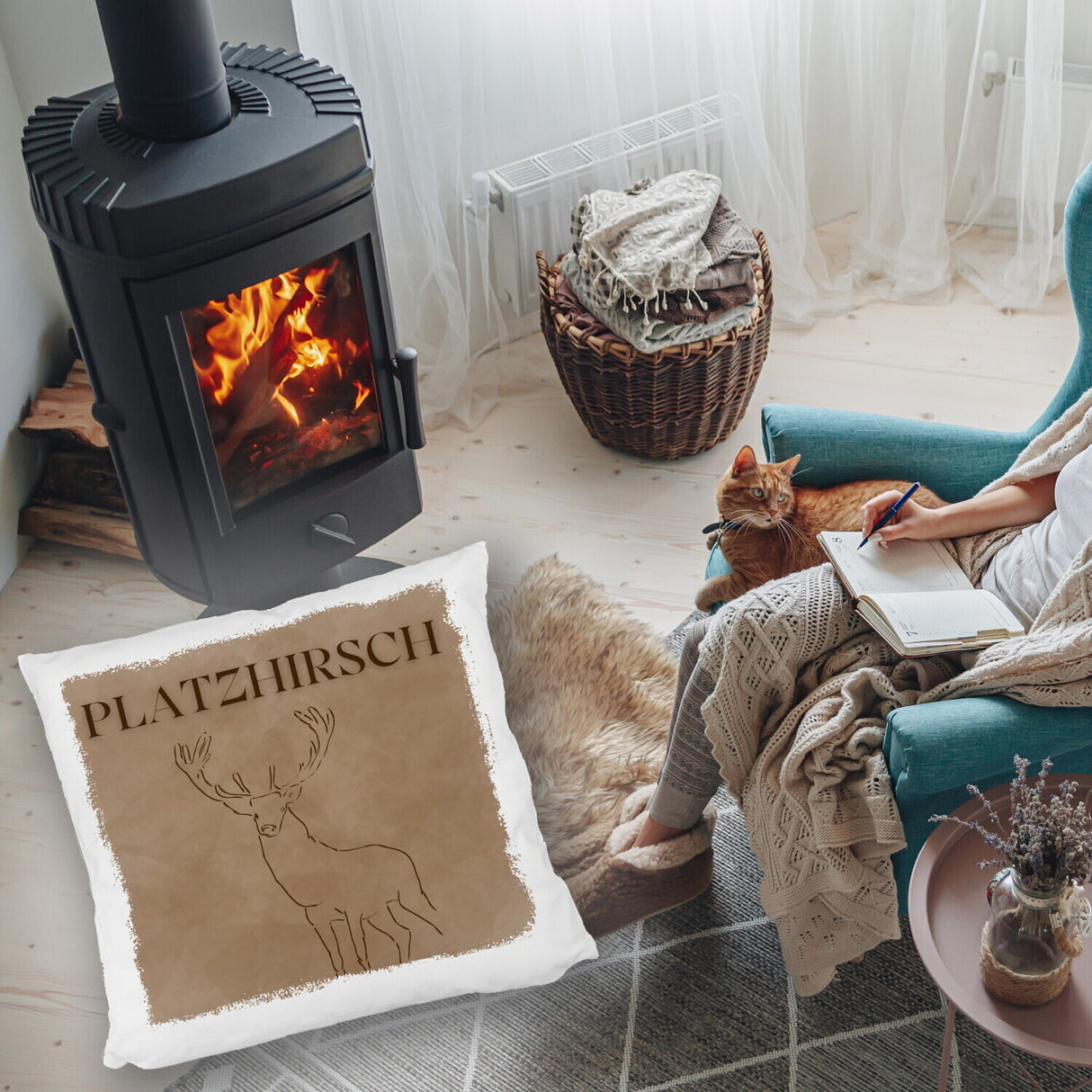 Hirsch Kissen mit Spruch Platzhirsch in braun