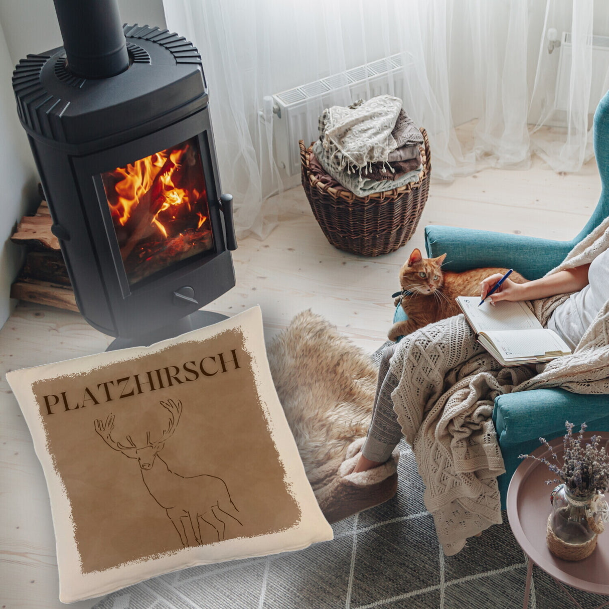 Hirsch Kissen mit Spruch Platzhirsch in braun