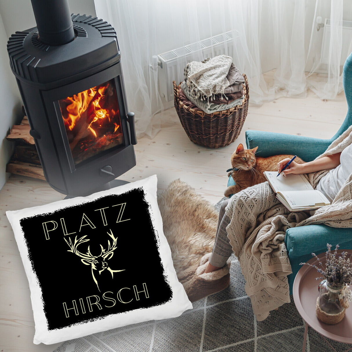 Hirsch Kissen mit Spruch Platzhirsch in braun