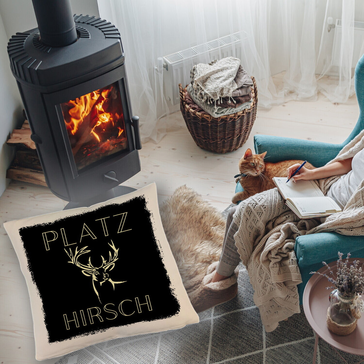 Hirsch Kissen mit Spruch Platzhirsch in braun