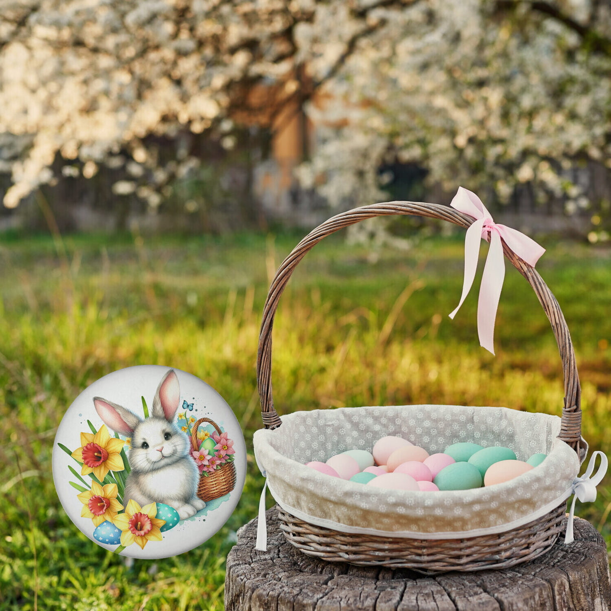 Osterhase neben Osterkorb Magnet rund