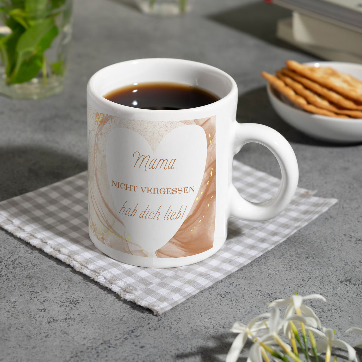 Herz Kaffeebecher mit Spruch Mama nicht vergessen ich hab dich lieb