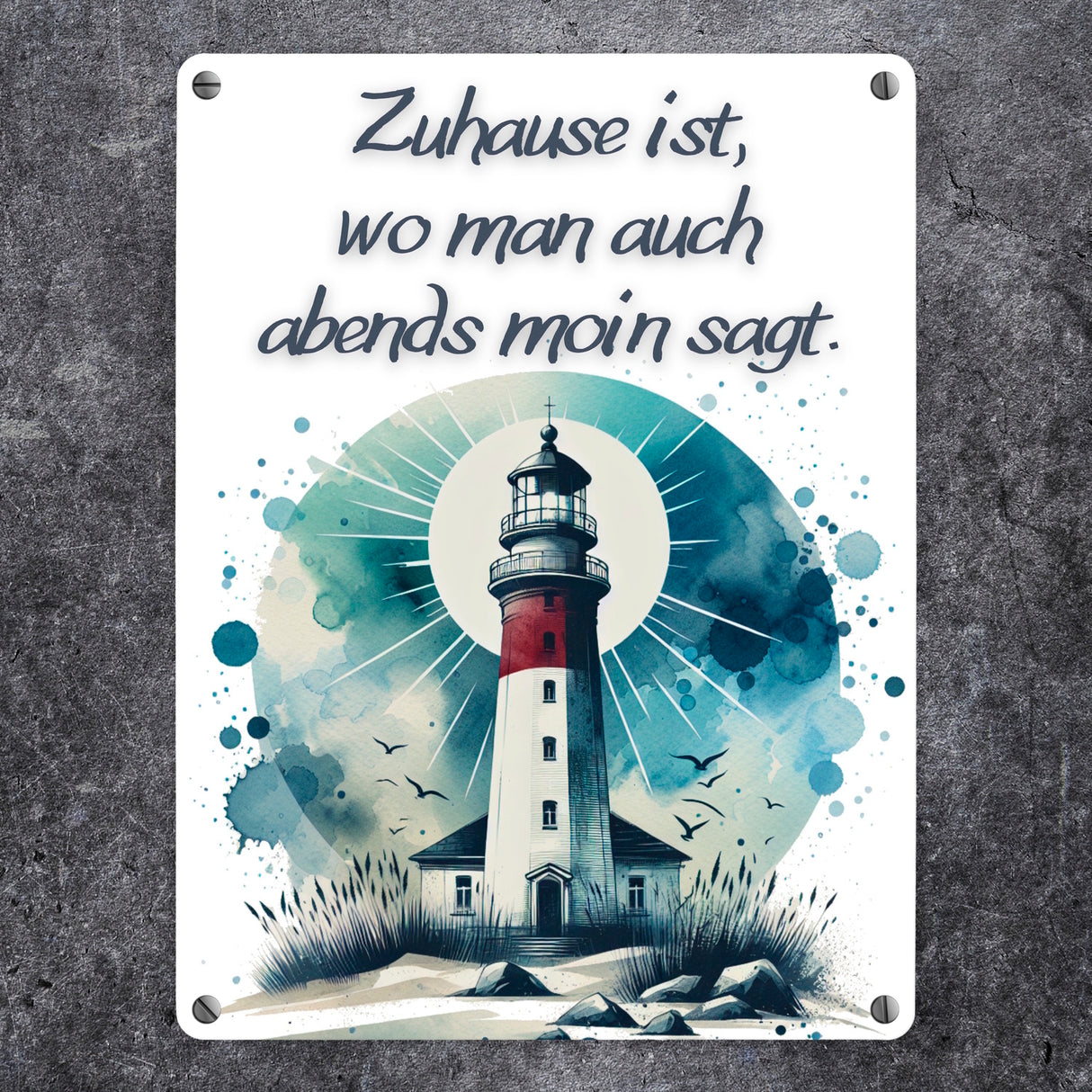 Leuchtturm Metallschild in 15x20 cm mit Spruch Zuhause ist, wo man auch abends moin sagt