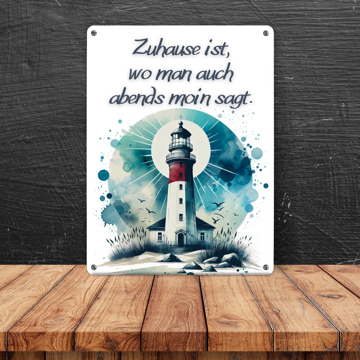 Leuchtturm Metallschild in 15x20 cm mit Spruch Zuhause ist, wo man auch abends moin sagt
