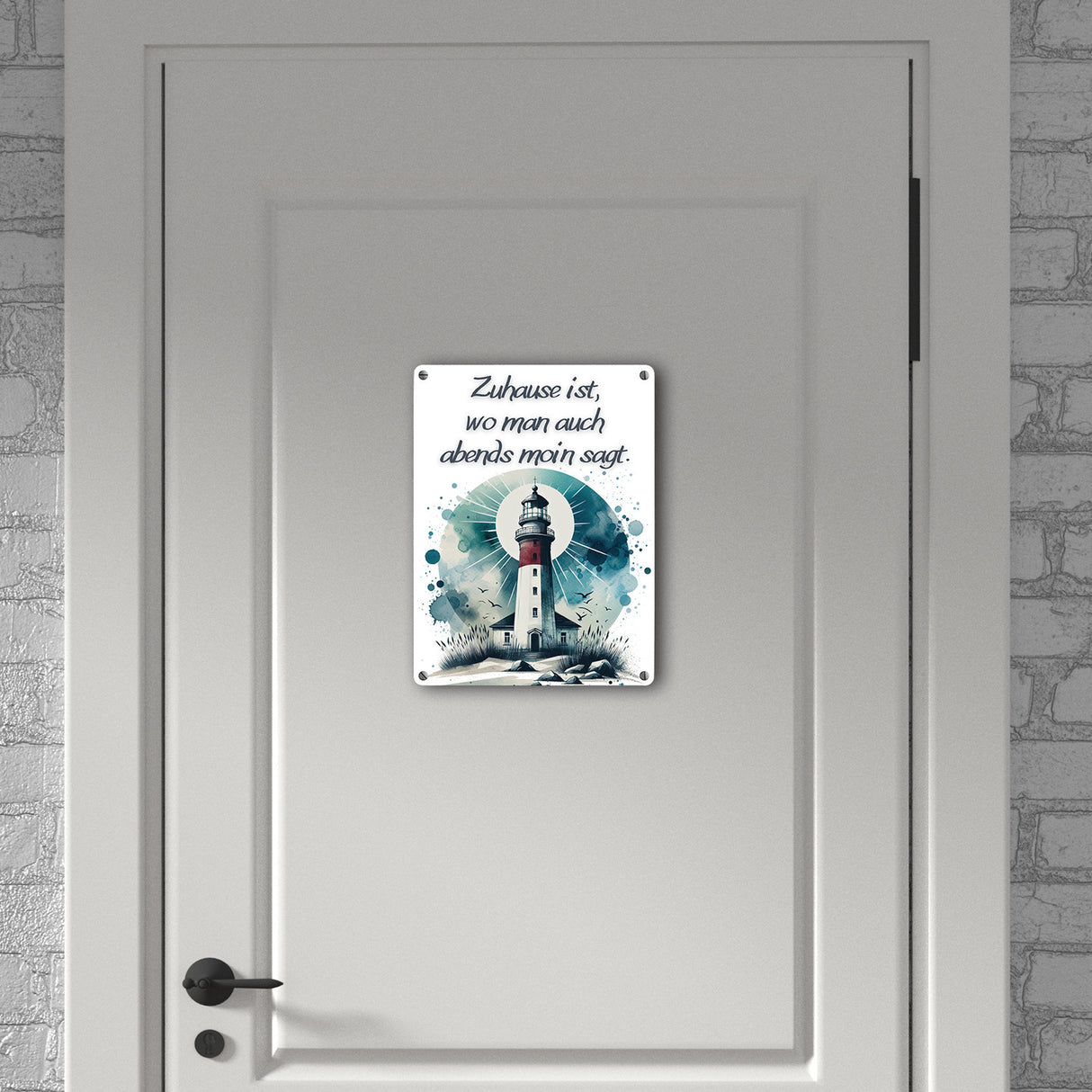 Leuchtturm Metallschild in 15x20 cm mit Spruch Zuhause ist, wo man auch abends moin sagt