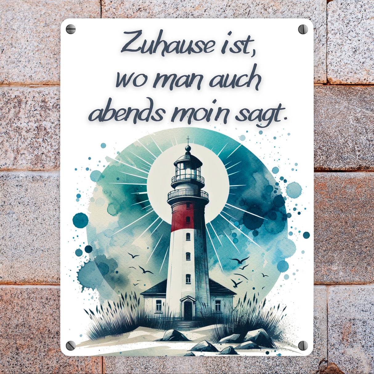 Leuchtturm Metallschild in 15x20 cm mit Spruch Zuhause ist, wo man auch abends moin sagt